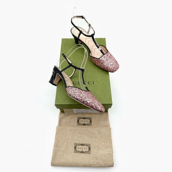 GUCCI Pink Glitter T-Strap Embellished Size 37.5 US 7.5 Leather GG Marmont - Picture 2 of 14